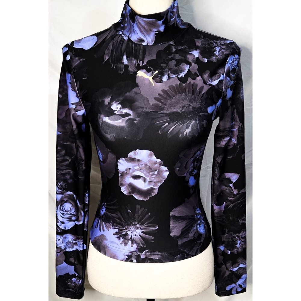 Puma Turtleneck Long Sleeve Top Shirt Fitted Floral Photorealistic Black Purple